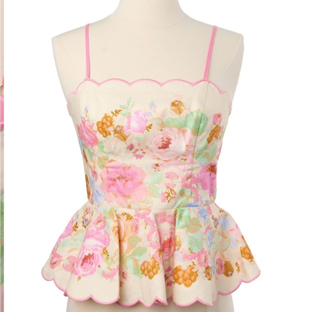 Zimmermann Floral Scallop-Trim Peplum Cami Top - Pink/Cream/Gold